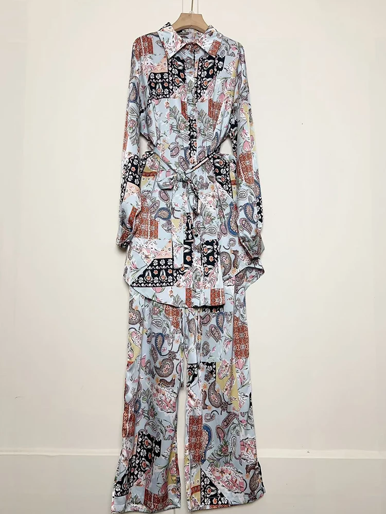 

Spring 2025 women's vintage geometric print lapel lace-up waist-cinching long shirt two-piece set + wide-leg pants set