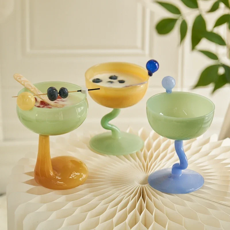 Creative Colorful Glass Goblet Ice Cream Bowl Glass Cup Cold Drink Fruit Tea  Dessert Cup Decorative Drinkware Water Bottle