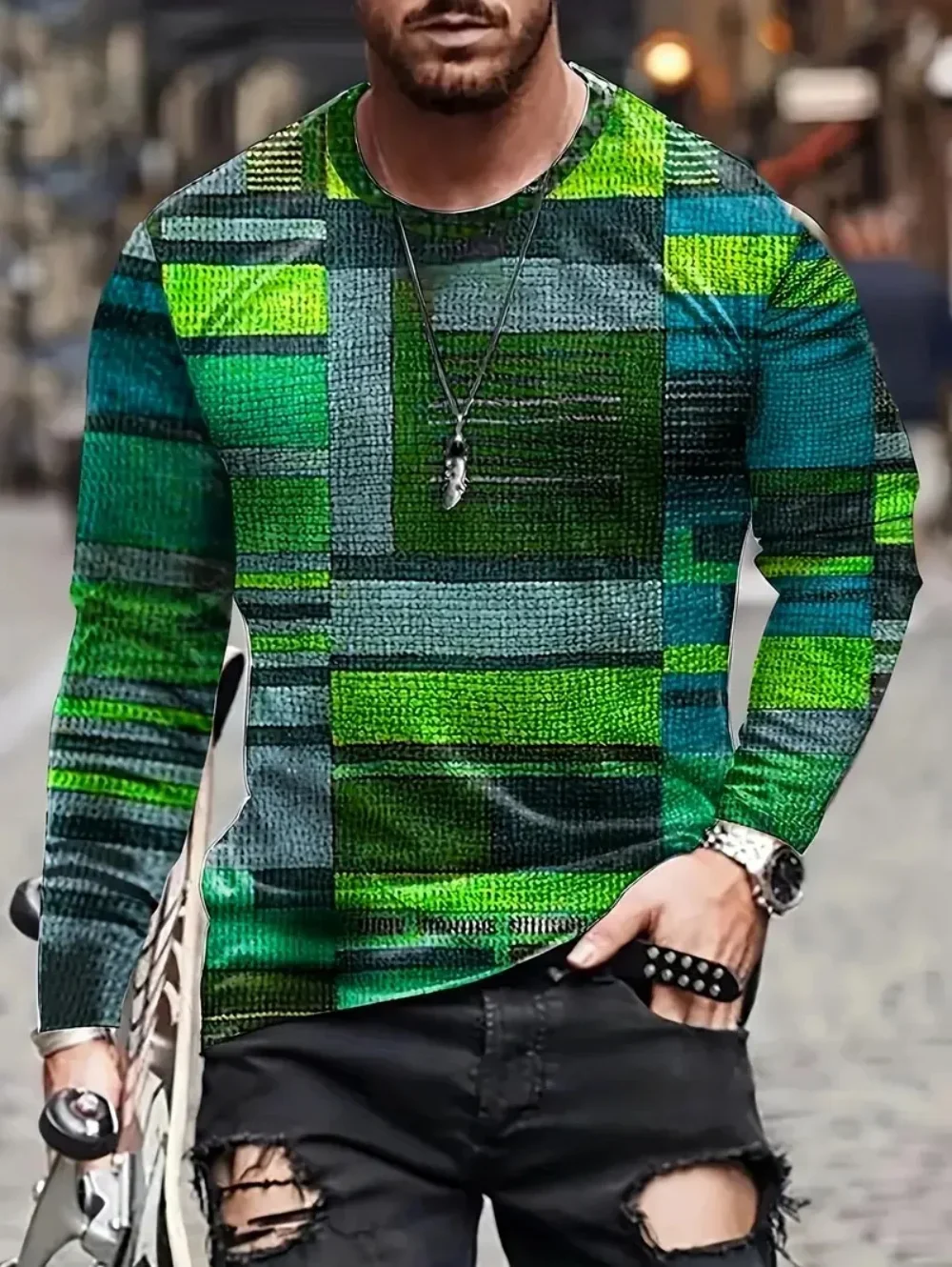 Herren Langarm-T-Shirt aus Polyester mit 3D-Druck, Vintage-Bürstertextur, geometrischem Grafikmuster, Rundhalsausschnitt, lässige Streetwear-Oberteile – Detail 8