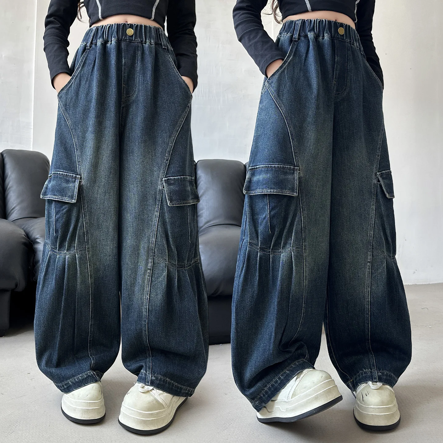 أطفال الخريف الجينز مع جيب للفتيات Y2K موضة شارع العليا الدنيم السراويل المراهقين الطفل فضفاض البضائع الجينز السراويل ﻿