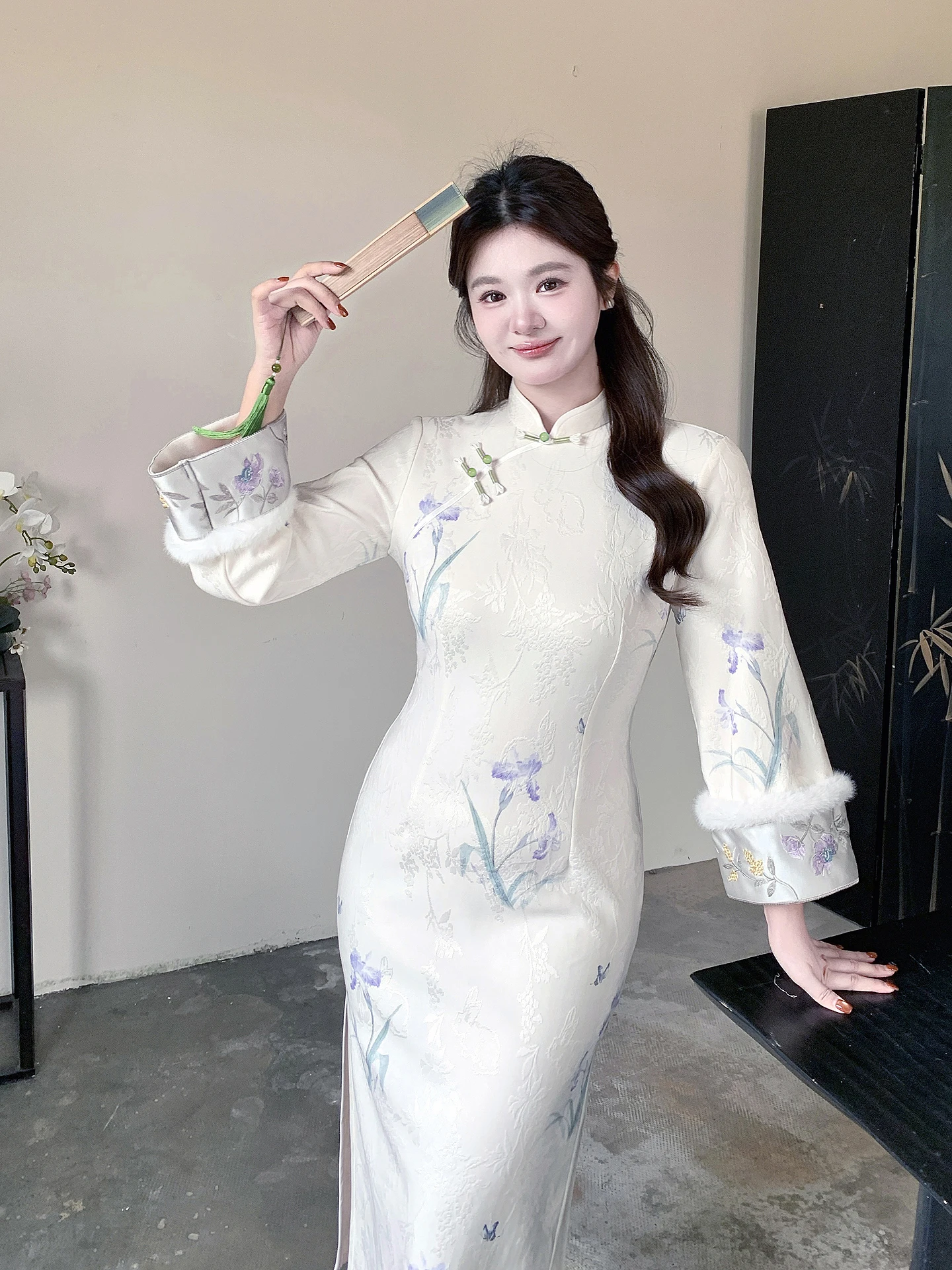 

Новый китайский Sle большого размера Young Aosphere ретро-принт Long Sve Qipao Dr Высокая талия на молнии Ba Ne воротник-стойка