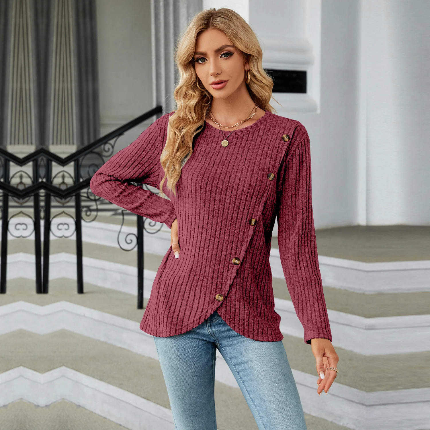 

Women's Ribbed Knit Round Neck Long Sleeve Sweater Side Asymmetrical Button Detail for Casual Daily Office Commute Wear ﻿