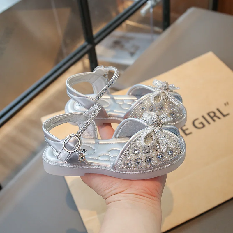 Босоножки Brand Sandals for Girls 2025summer New Bow Princess Shoes Fashion Sequin Girls Shoes Allmatch Kid Shoes Women Sandals