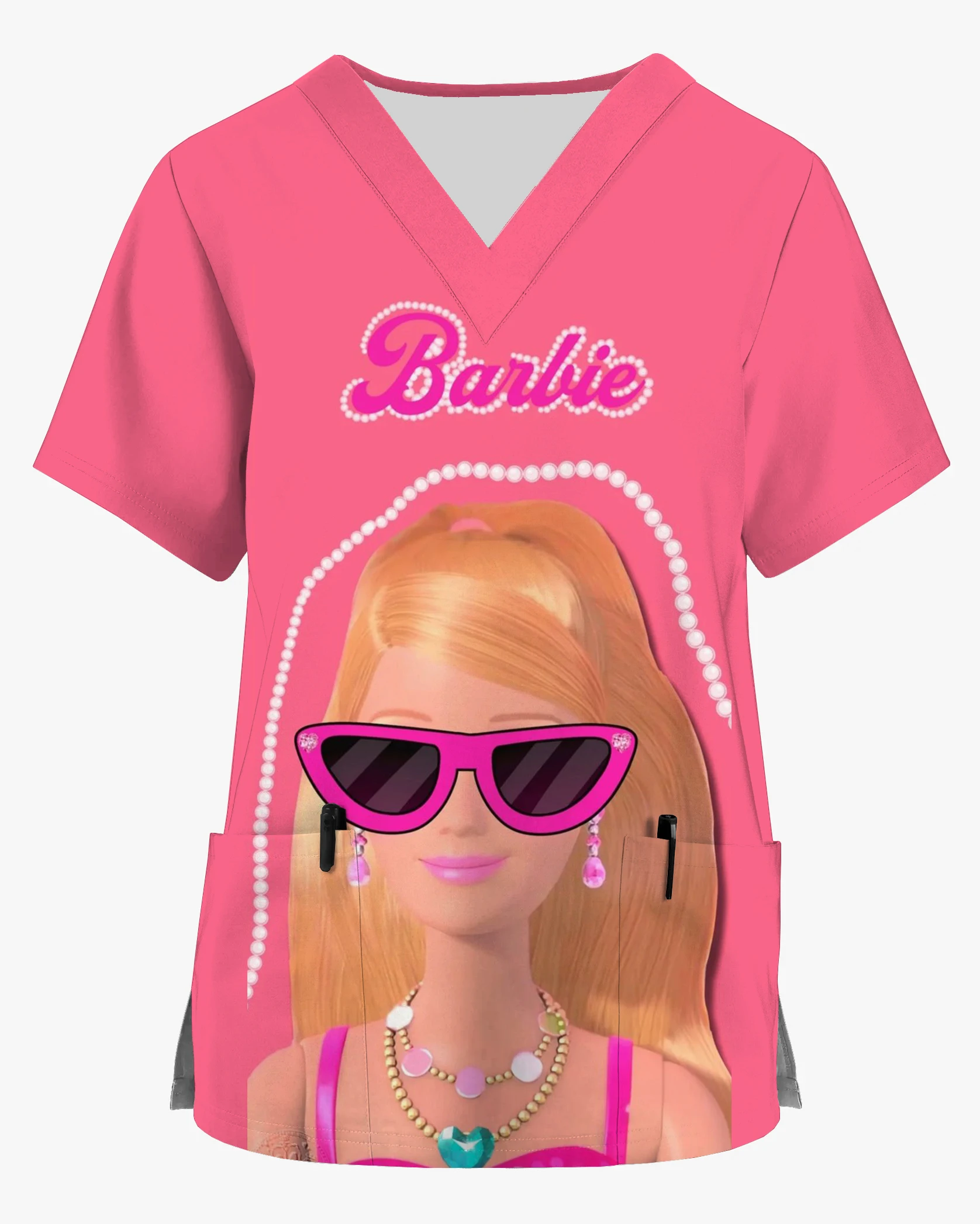 Barbie Nursing Work Clothes Tops Nurse Uniform Women Fashion V-Neck Print Scrub Top Beauty Salon Uniform Medical Uniform