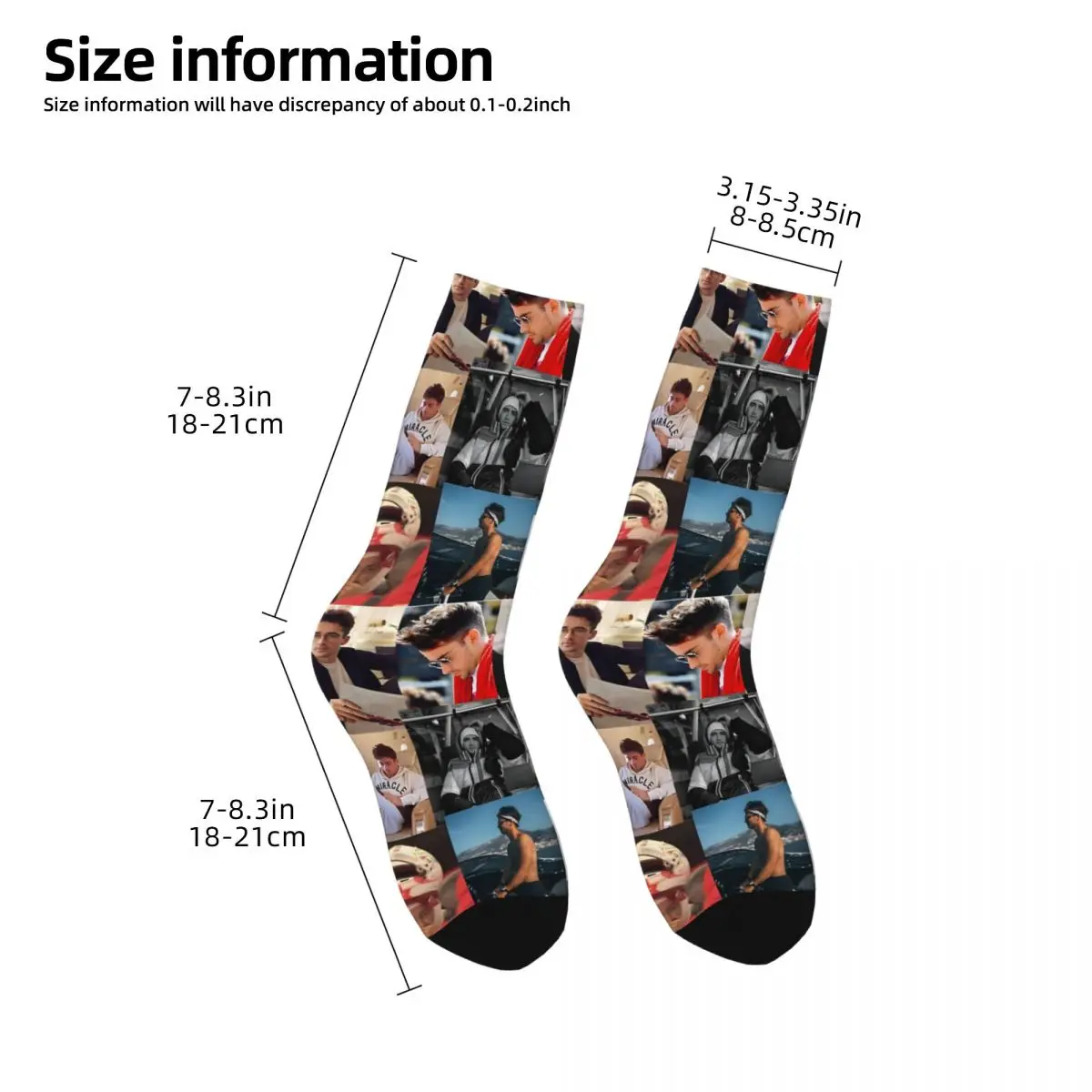 Chaussettes drôles en elin pour hommes, Charles Leclerc, collage d'images, hip hop, vintage, course F1, motif de qualité heureuse, chaussettes d'équipage imprimées pour garçons