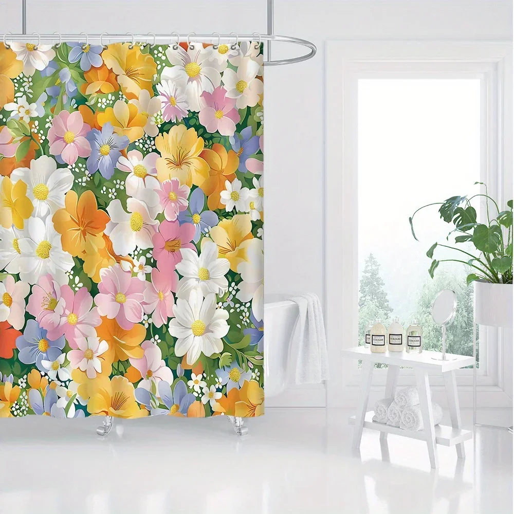 

~O~Digital Print Shower Curtain - Nature Scenery, Colorful Floral Pattern, Polyester Fabric, Bathroom & Toilet Decor, 1pc
