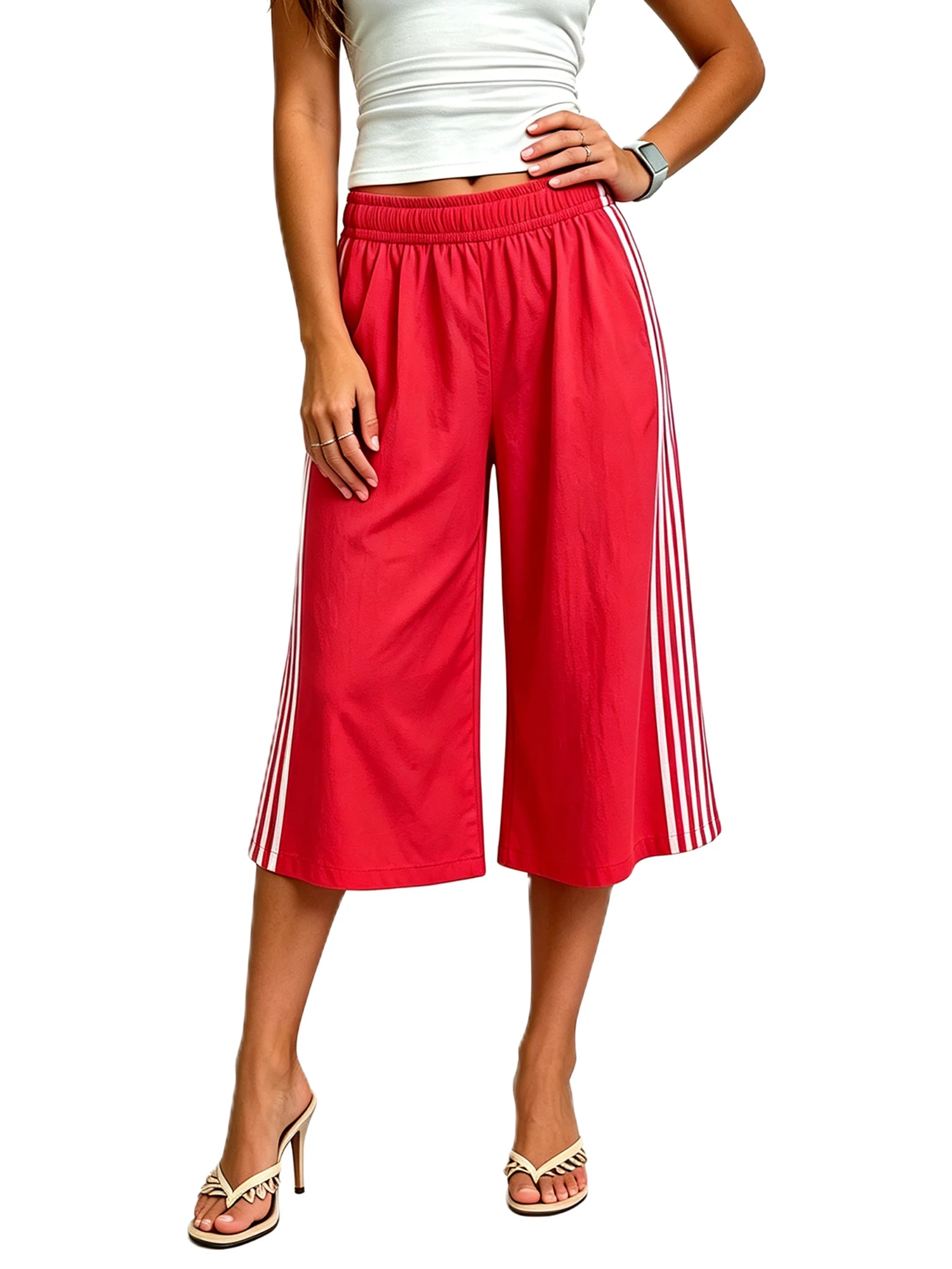 Womens Summer Capri Pants Casual Loose Wide Leg Cropped Trousers