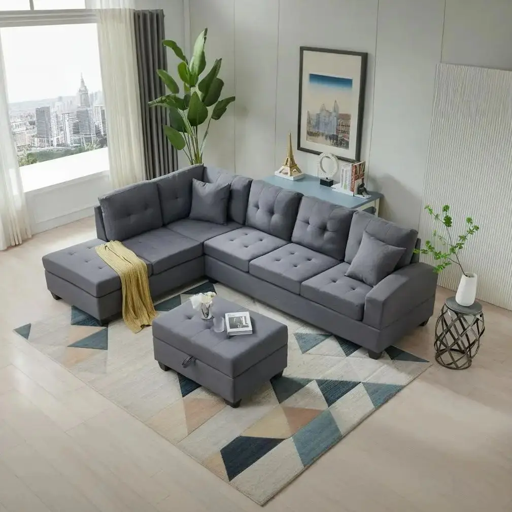 Sectional Sofa with Storage Stool and Cup Holder–Linen Fabric Sofa with Two Pillows for Home, Apartment, Meeting Room