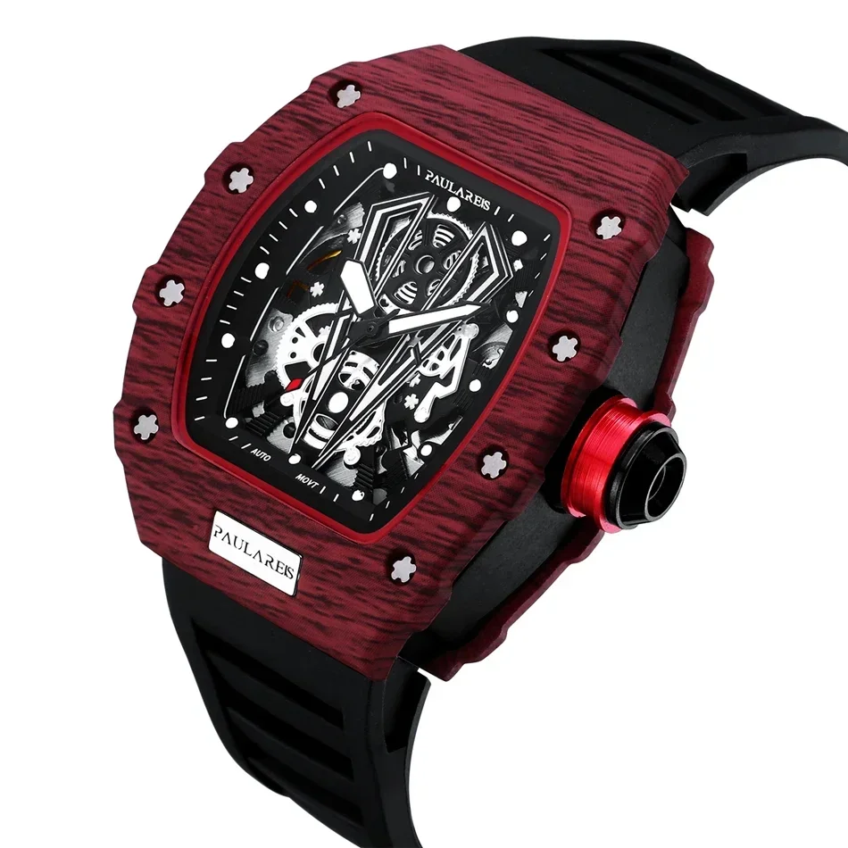 Automatic Mens Watch Mechanical Self Wind Movement Skeleton Red Black Rubber Strap Fashion Watches