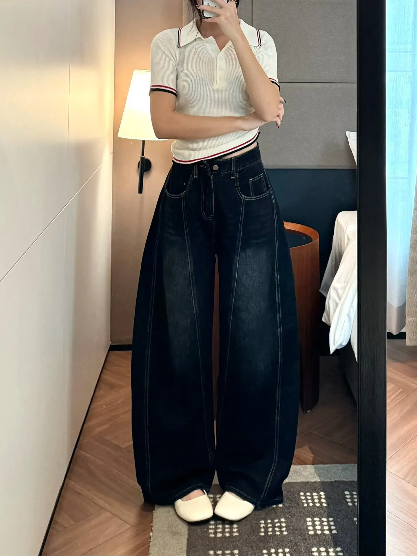 

Summer New plus Size Women's Jeans High Waist Wide Leg Casual Style Retro Washed Embroidery Blue Denim Skinnier Knife Cut