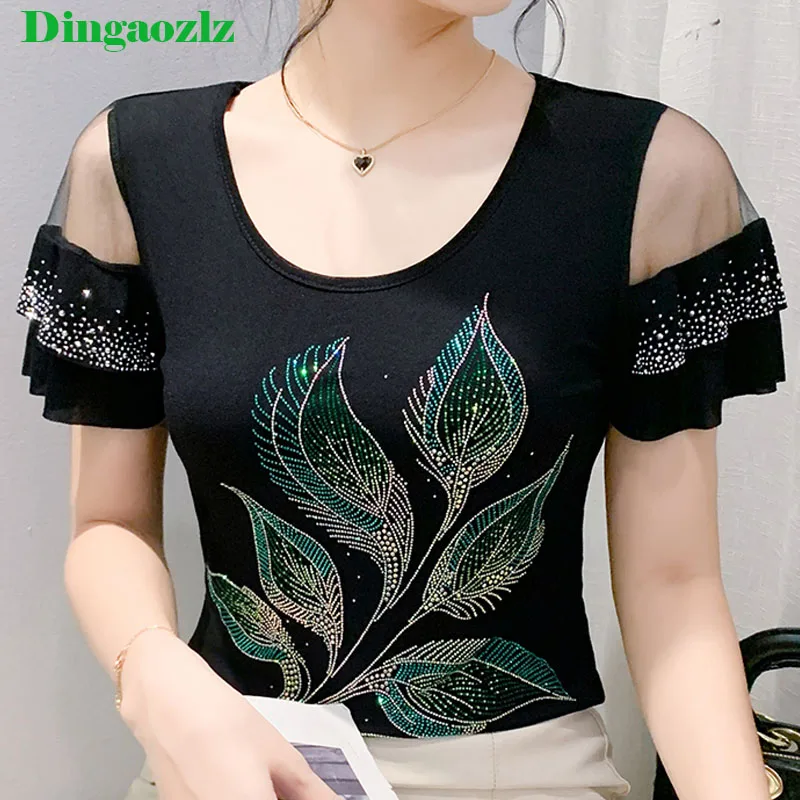 

Женская футболка Dingaozlz с цветочным рисунком и бриллиантами, сексуальные футболки с коротким рукавом, высококачественные шикарные сетчатые повседневные топы