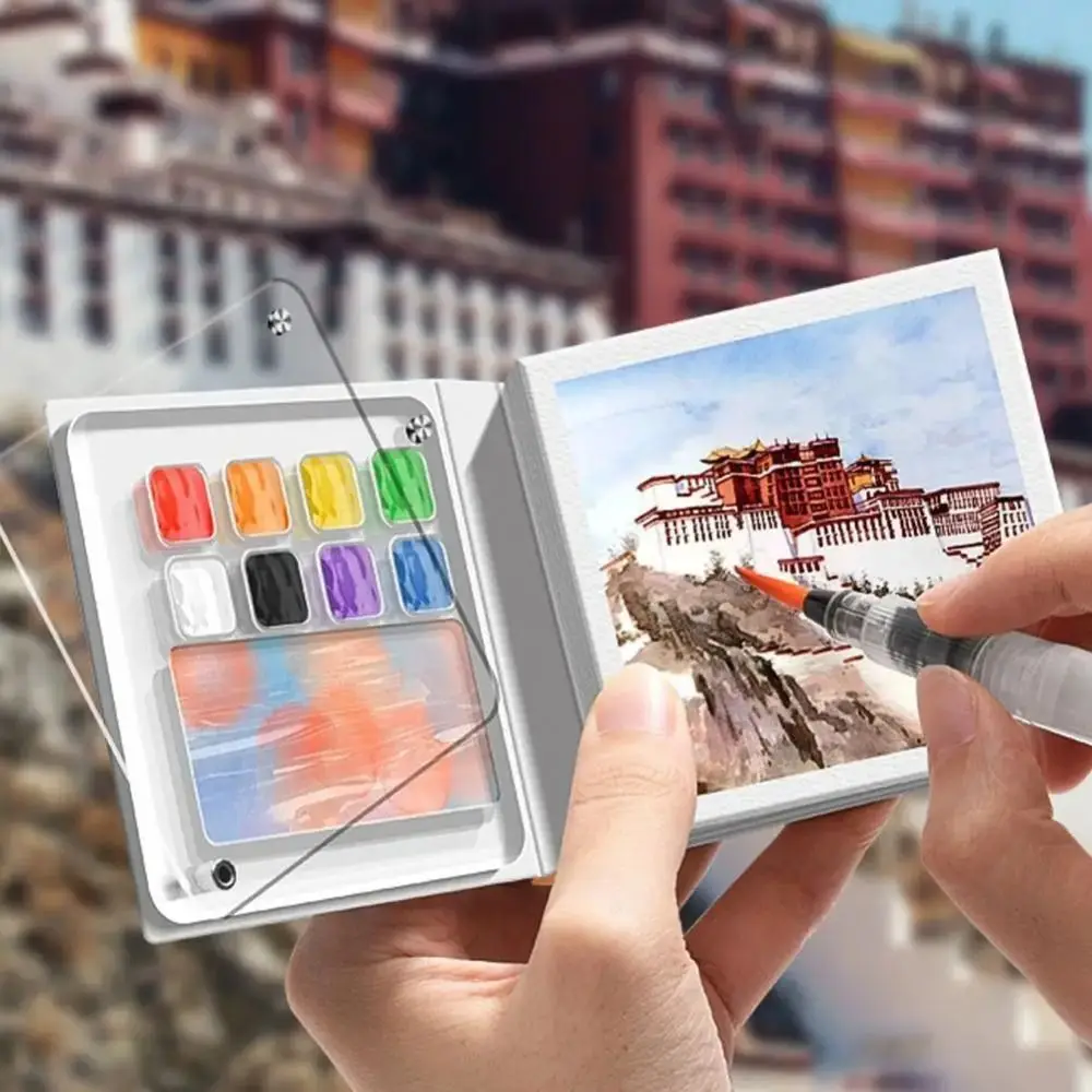 Acrylic Watercolor Paint Palette Set 8/12 Grid Mini Paint Pigment Box with Tearable Book Waterproof Travel Painting Tray Kit