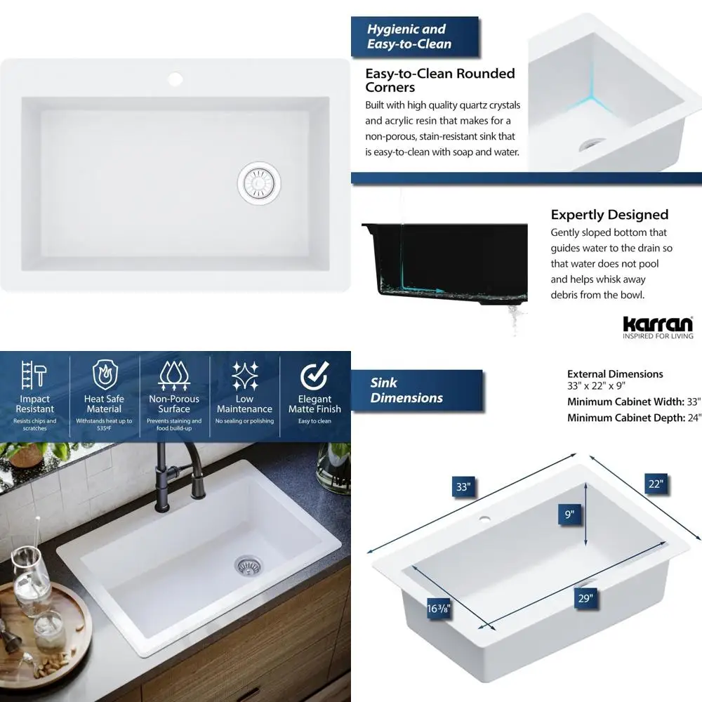 Karran QT-670 Évier de cuisine à cuvette simple composite de quartz de 33 pouces, blanc