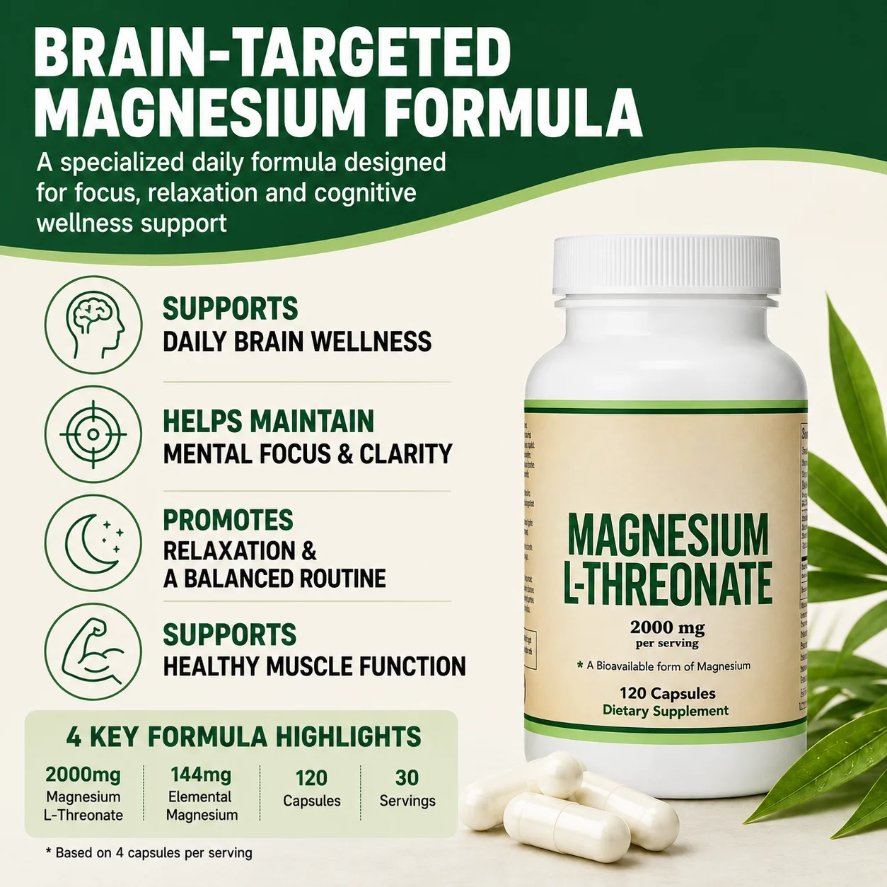 Magnesium L-Threonate Capsules 2000mg with High Absorption Formula for Brain, Focus & Sleep Support, Vegetarian, 120 Count