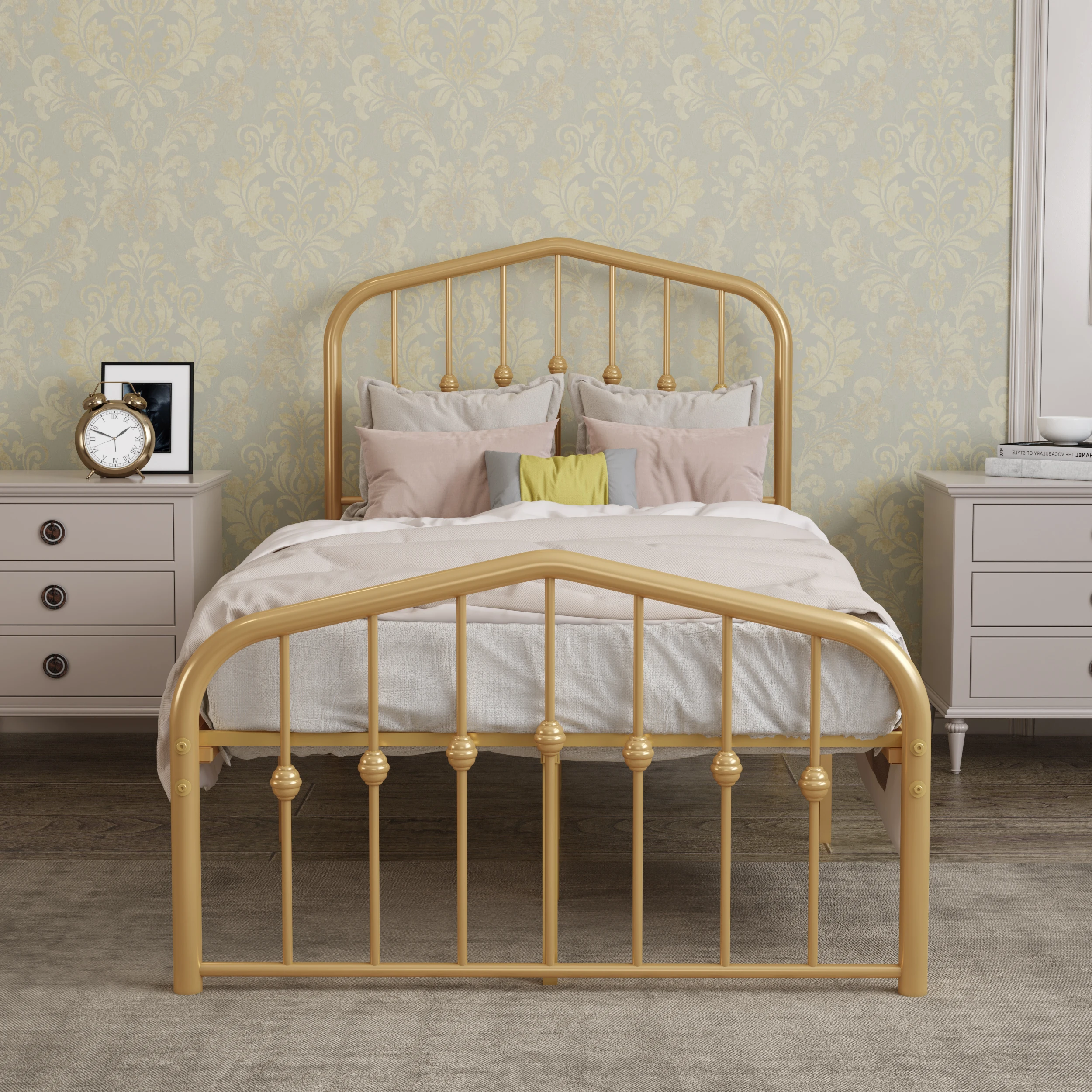 Metal Bed Frame Gold Twin XL Size Vintage Headboard and Footboard Single Platform Mattress Foundation Sturdy Steel Slat Support