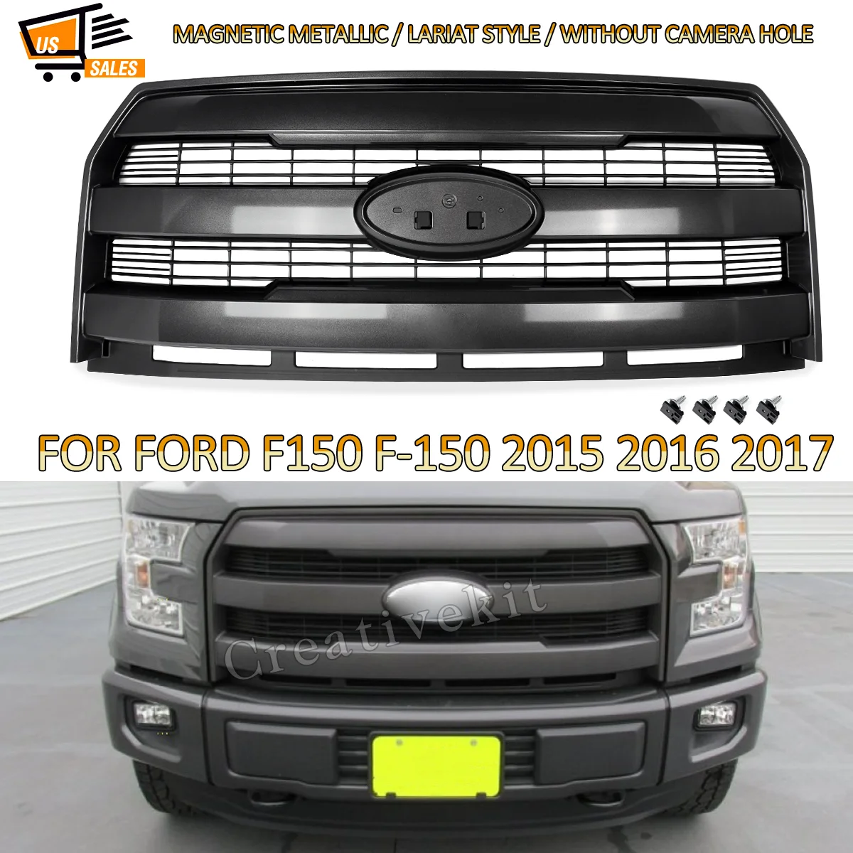 

Front Grille Replace For Ford F150 F-150 Lariat 2015 2016 2017 Front Radiator Grill W/o Camera Hole Tuxedo Black UH /M7221/ 7211