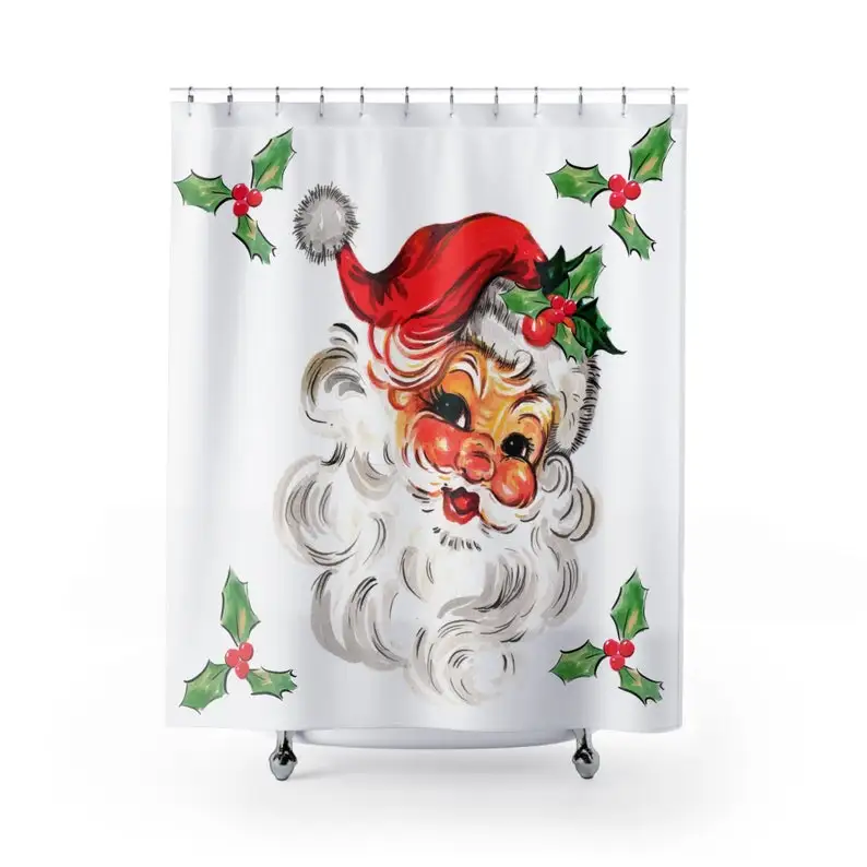 Vintage Santa Shower Curtain, Retro Christmas Bathroom Decor, Holly Berry Holiday Shower Curtain, Nostalgic Santa Claus Bath Decor