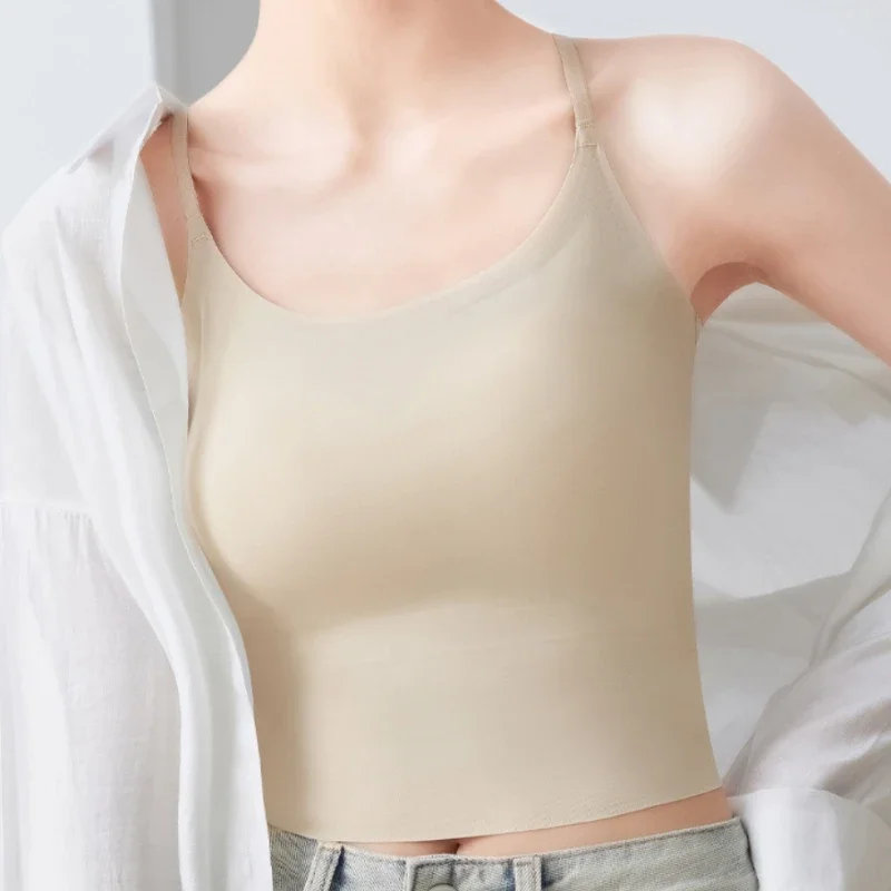 여성 섹시한 솔리드 컬러 캐미솔 아이스 실크 튜브 원활한 스포츠 탱크 탑 무선 속옷 패딩 브래지어 Bralette Vest