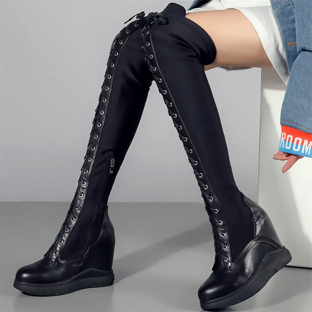 

Pumps Plus Size Shoes Women Genuine Leather Wedges Thigh High Boots Female Round Toe Fashion Sneakers Casual Shoes Big Size Shoe