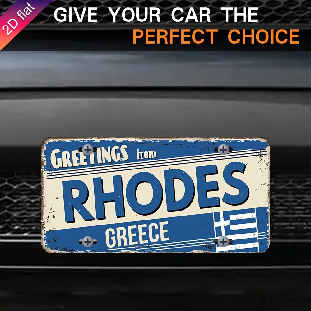 Metal Aluminum License Plate Wall Decor - UV Printed  Greetings from Rhodes Greece Design with Greek Flag & Musical Notes, Indoo