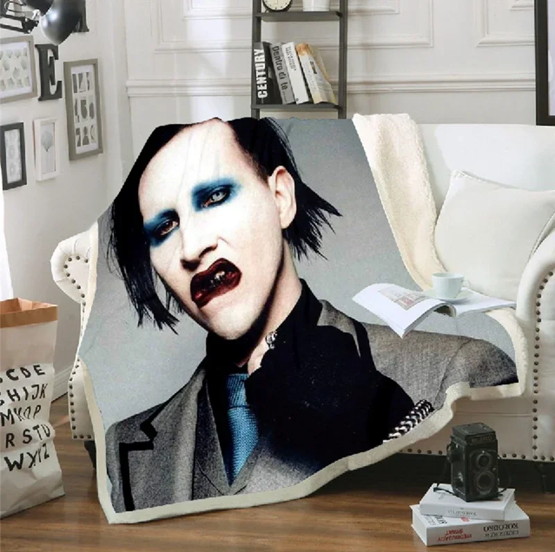 Singer Marilyn Manson 3D Sherpa Blanket Velvet Plush Throw Fleece Blanket Bedspread Couch Sofa Quilt Cover Travel Bedding 01