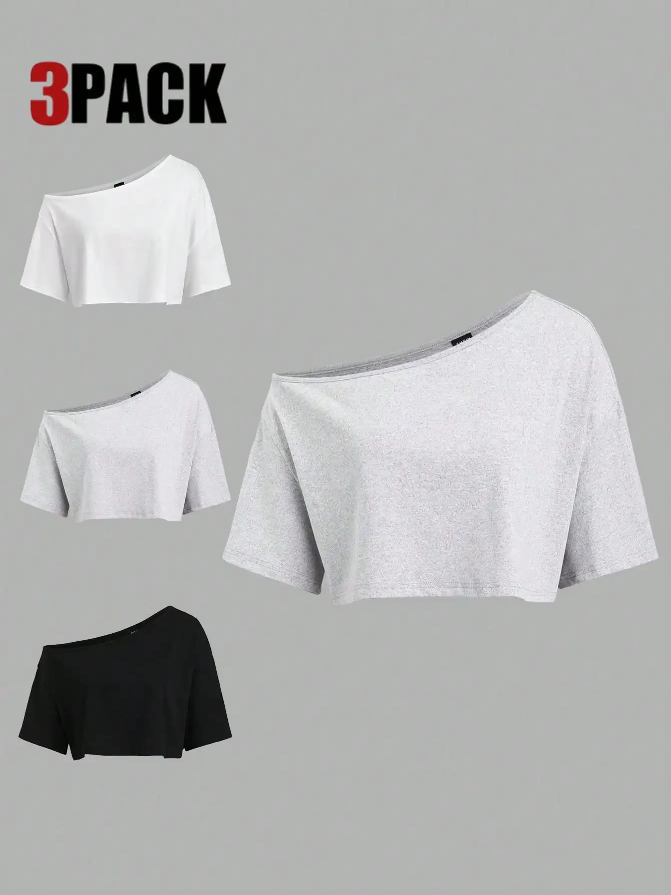 

3-Pack Off-Shoulder Short Sleeve Crop Tops in White, Gray, Black - Loose Fit
