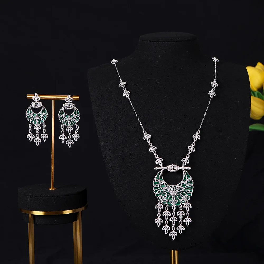 

Arab hot sale moon zircon tassel pendant Necklace earrings Jewelry Set Luxury high quality Real gold plating Wedding Gift