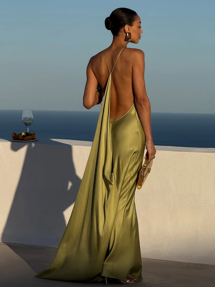 Sexy Women's Satin Solid Long Dress Swing Collar Sleeveless Backless Spaghetti Strap Slit Dresses 2026 Summer Evening Lady Robes view 6
