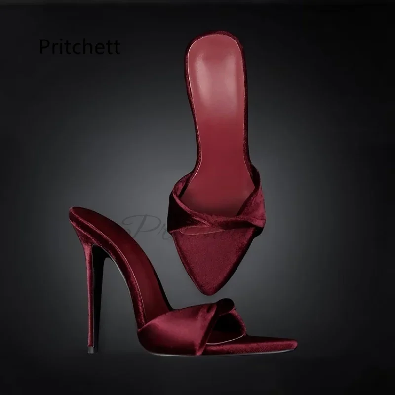 Burgundy Velvet Twist High Heel Slippers Women's Pointed Open Toe Outdoor Solid Summer Trendy Sexy Pull On Banquet Dress Shoes