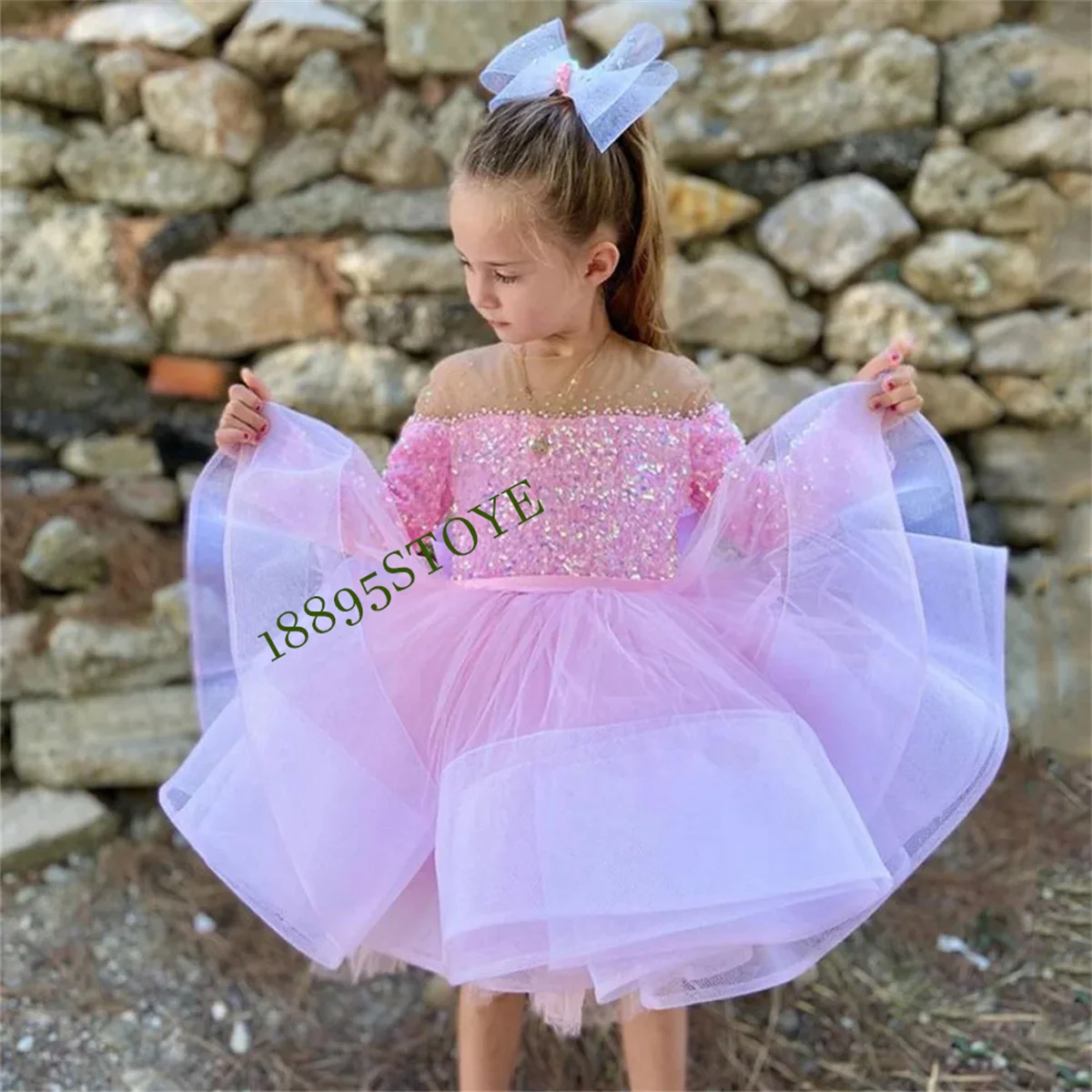 

Christmas Flower Girl Dress Puff Sleeves Round Neck Applique Feathers Ball Birthday Pink Party Gown First Communon Dresses