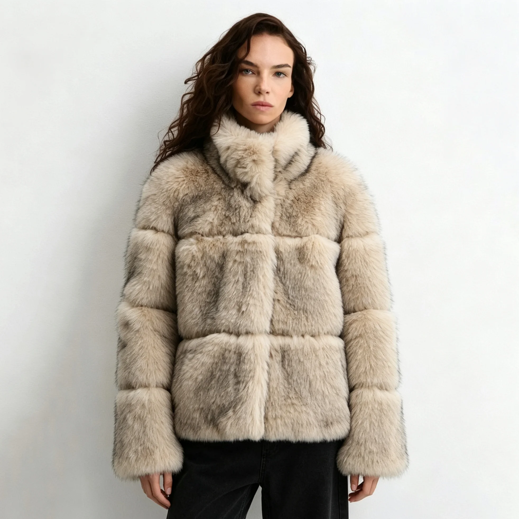 RU Women Stand Collar Faux Fur Jacket Horizontal Panel Stitching Loose Plush Warm Outerwear For Daily Street Fashion Outfits