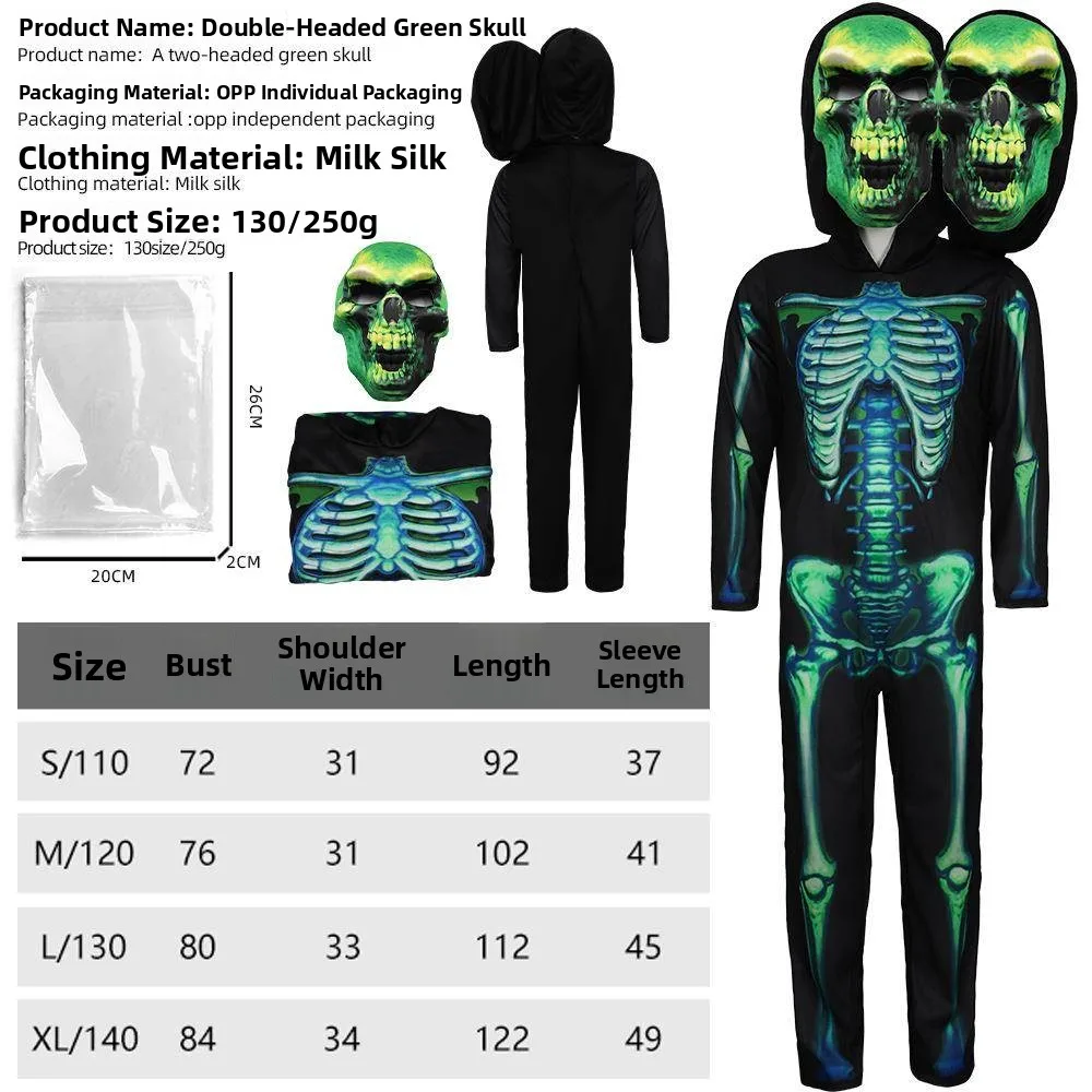 

Children's Halloween Double Headed Skeleton Costume Cosplay Suit Scary Skeleton Role Stage Performance Costume Funny Ghost Cl...