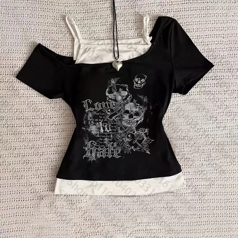 

American gothic Vintage Fake Two Piece Halter Lace Up T-shirts Y2k skeleton Print Tops Women Off Shoulder Short Sleeve Tee