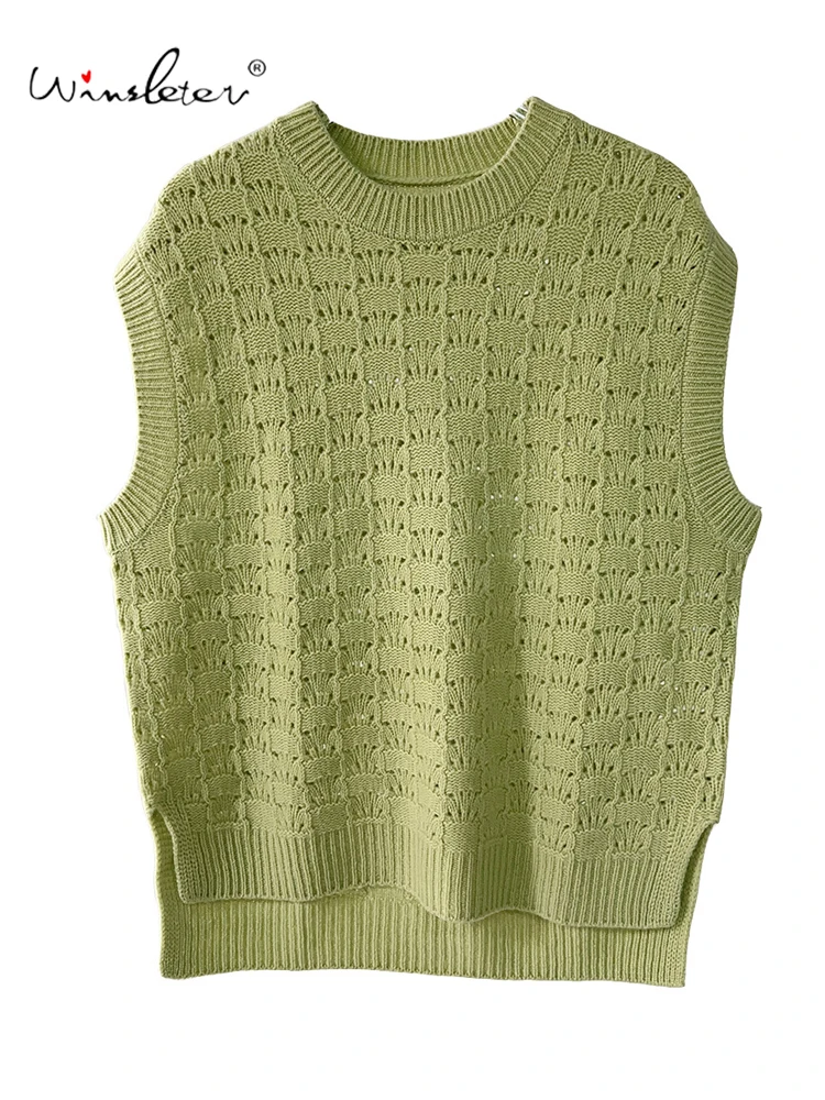 

Winsleter-100% Wool Elegant Vest Sweater, O Neck Hollow-out, Women Fashion Commute Loose Knit Vest, 2025 Autumn New T59661CC