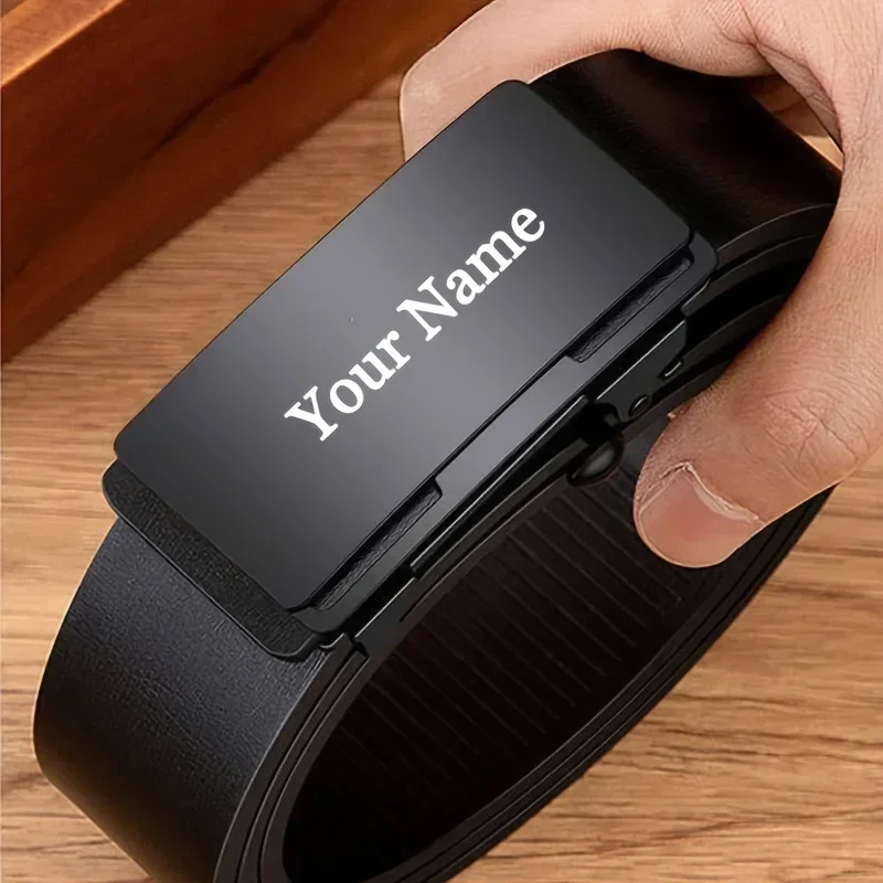 Custom Text Belt Engraved Name PU Leather with Alloy Automatic Buckle Belt for Valentine's, Father's Day, Teacher's Day Gifts