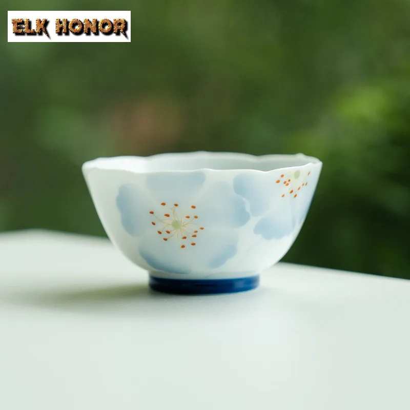 

2pc/lot Hand-painted Blue Shadow Begonia Petal Teacup Elegant Tea Bowl Jug Tea-tasting Smelling Cup Chazhan Master Cups 80ml