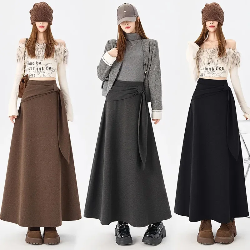 

Korean Woolen Skirt Women's Winter Design Sense Strap High Waist Long Skirt Female Temperament Retro A-Shaped Umbrella Skirt