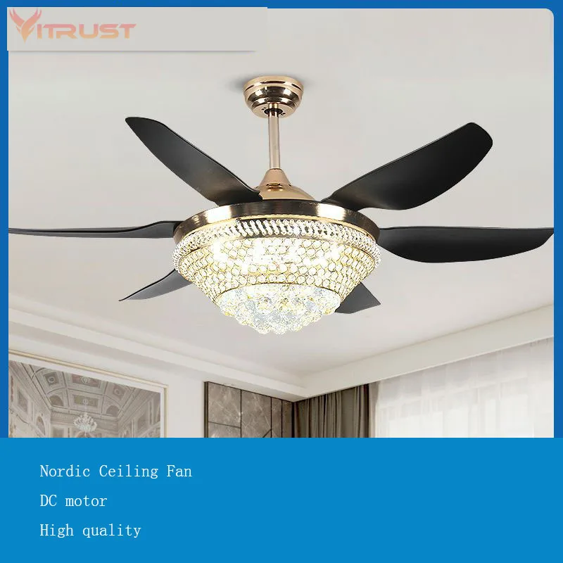 Crystal Ceiling Fan Lamp LED Light Six Blades Strong Wind Ceiling Fan Lamp Bedroom Living Dining Room 56Inch Remote Control