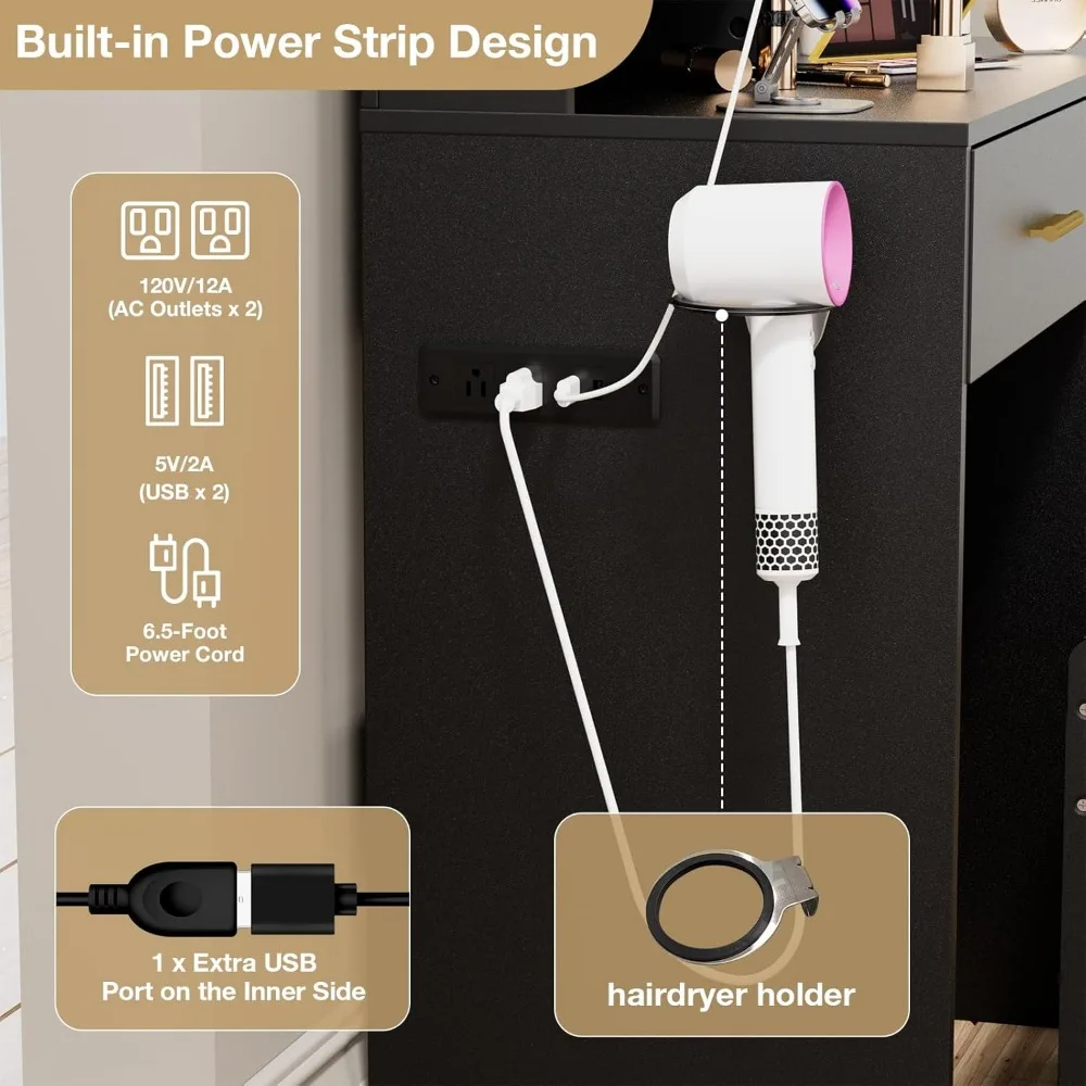 Vanity Desk illuminato con presa di corrente, set da trucco bianco con 2 cassetti, toletta regolabile per B migliorato