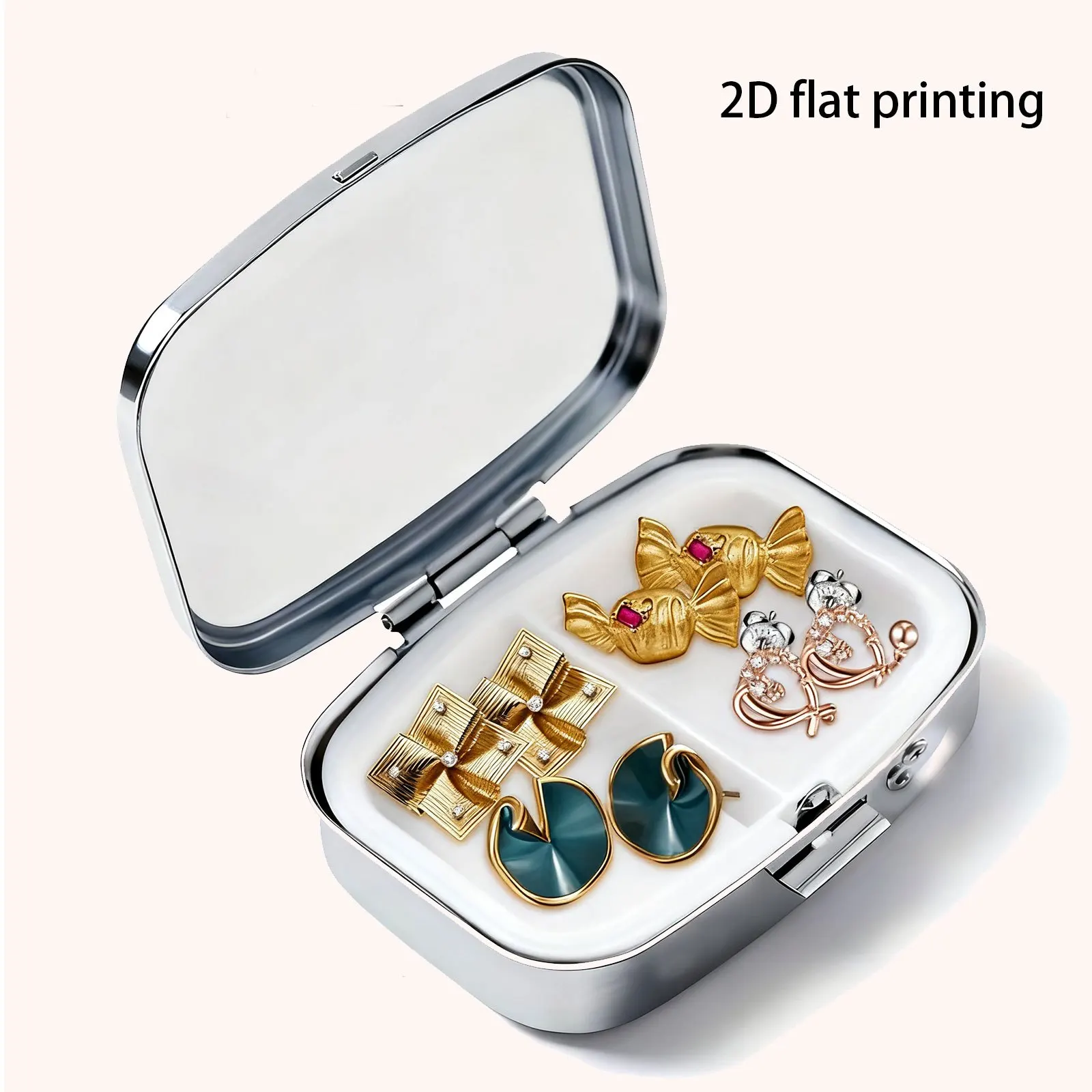 Light Blue Embossed Rose, Pearl, Plum Blossom, and Deer Gentle Vintage Pattern, Small Square Two-Compartment Pill Organizer, Portable Medicine Storage, Household Portable Organizer Box, Also a Decorative Box, Perfect for Handbags, Wallets, and Travel, Metal Storage Box, Small Jewelry Organizer, Ideal for Holiday Gifts, Souvenirs, Prizes, and Small Gifts view 4