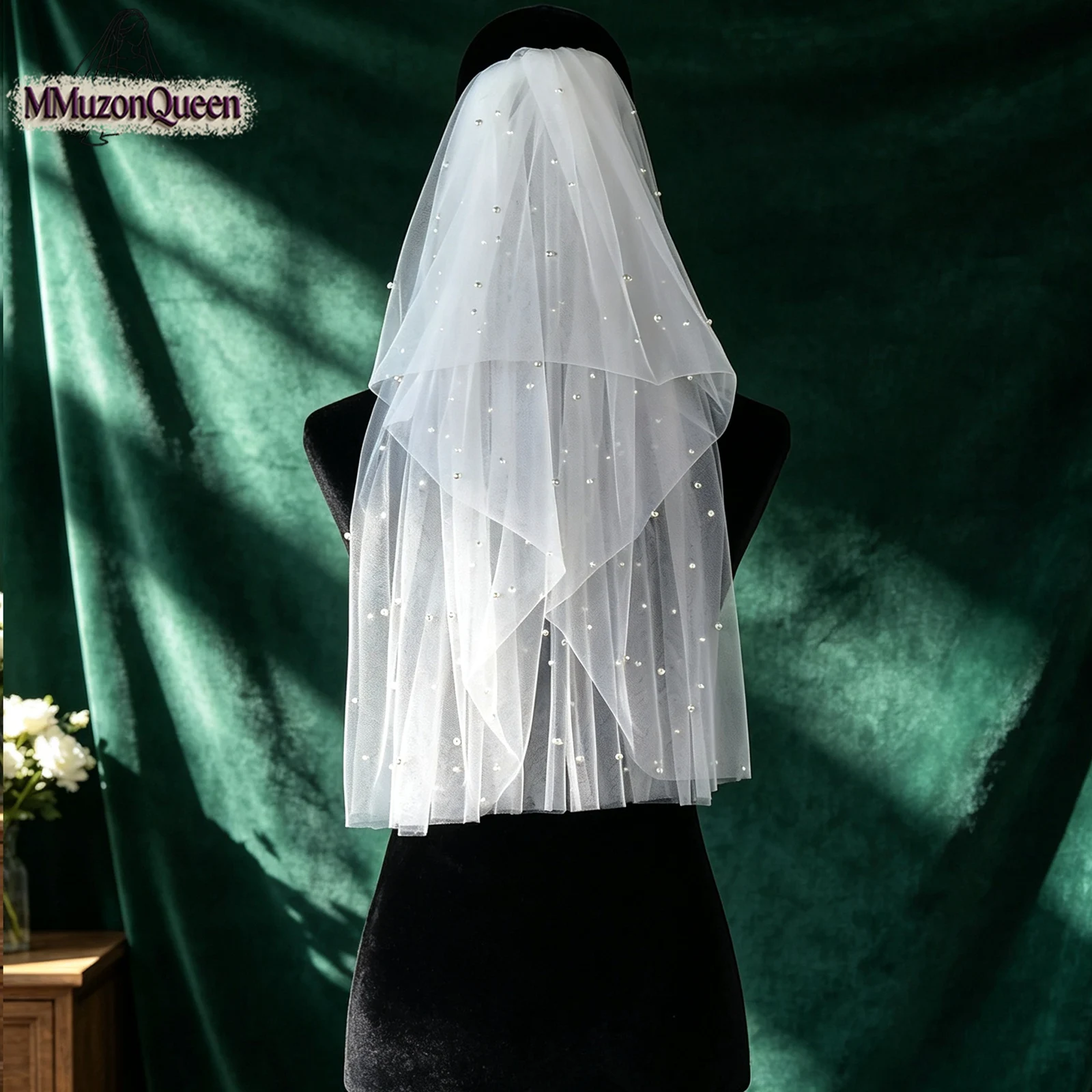 TOPQUEEN Elegant Pearl Bridal Veil Soft 2 Tier Beaded Wedding Veil For Bride Simple Elbow Minister Veils With Comb V372