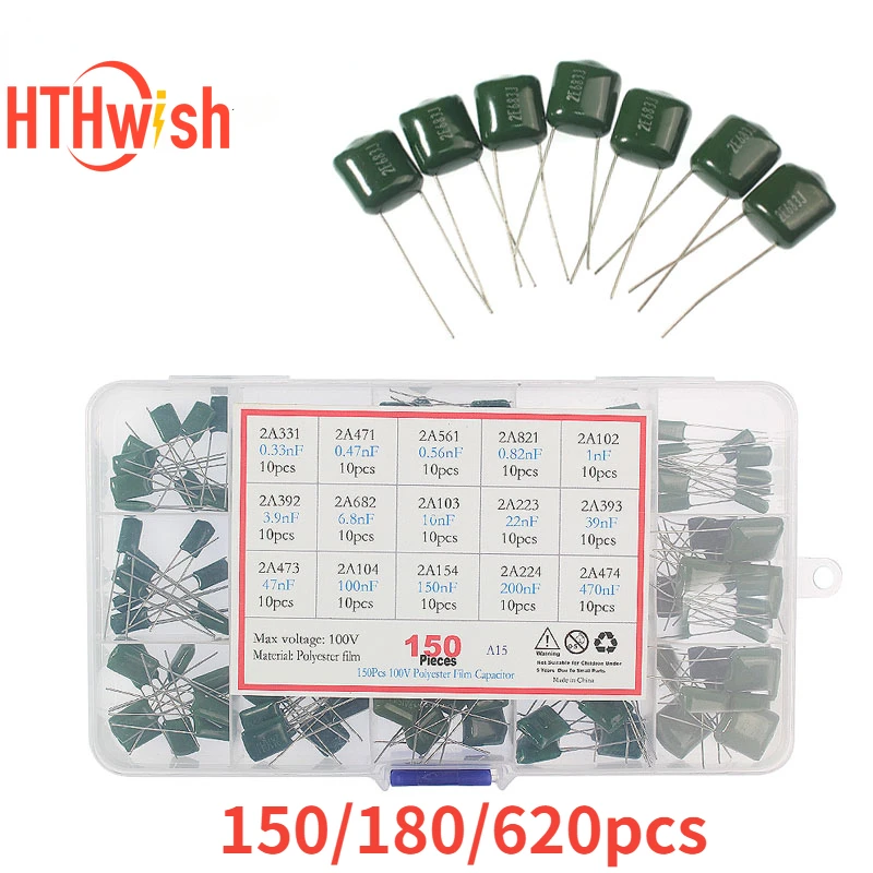 150/180/620PCS Polyester Filmcondensator Kit 100V 0.33NF-470NF 1nF 1.5nF 2.2nF 100nF 2A102J 2A333J 2A222J 2A392J 2A332J 2A822J