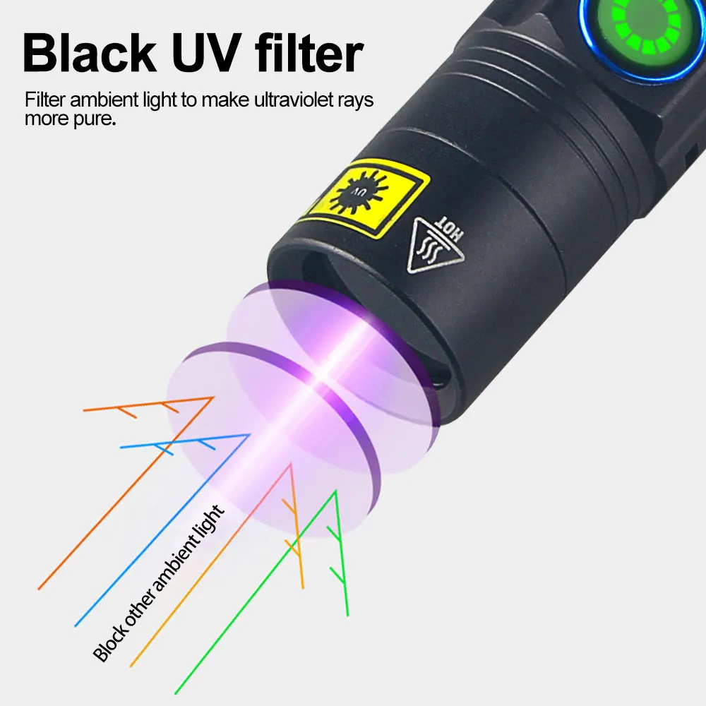 ไฟฉาย UV ขนาดเล็ก365nm 395NM แสงอัลตร้าไวโอเลตสีดำแบบชาร์จไฟได้ USB พรมลินเทอร์นัสสีม่วงสำหรับสัตว์เลี้ยงเครื่องตรวจจับปัสสาวะจับแมงป่อง