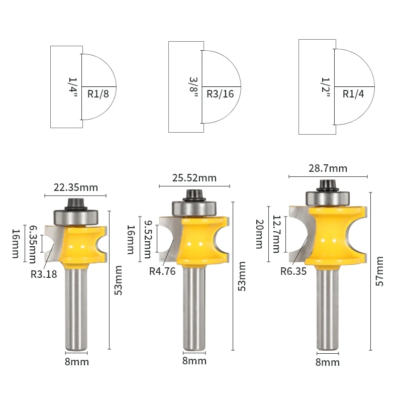 8MM Shank Bull Nose Radius Bit Router Bit Woodworking Milling Cutter For Wood Tools