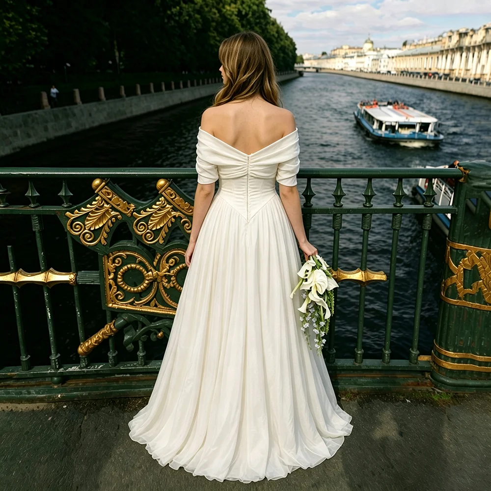 Simple Off Shoulder Basque Drop Waist Satin Bridal Gown Customized Ivory Boned A Line Gathered Skirt Ruched Corset Wedding Dress