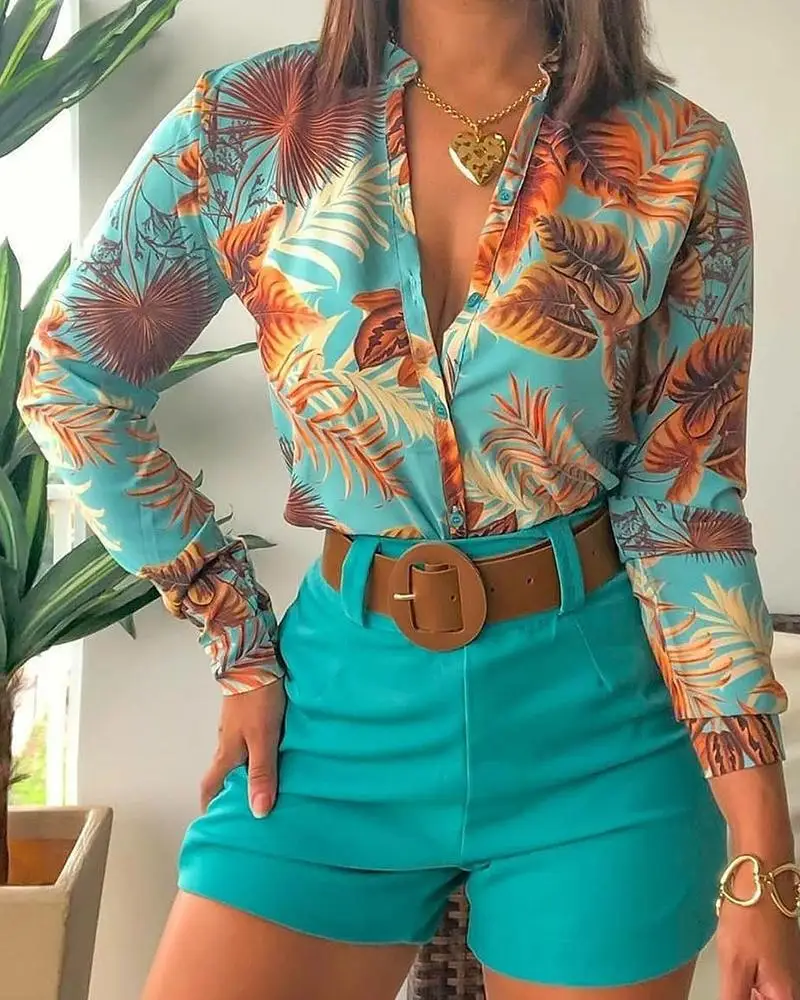 

Summer Set for Women Long Sleeve Floral Printed Deep V Sexy Tops Blouse and Shorts Sets Casual Spring Shirts Female