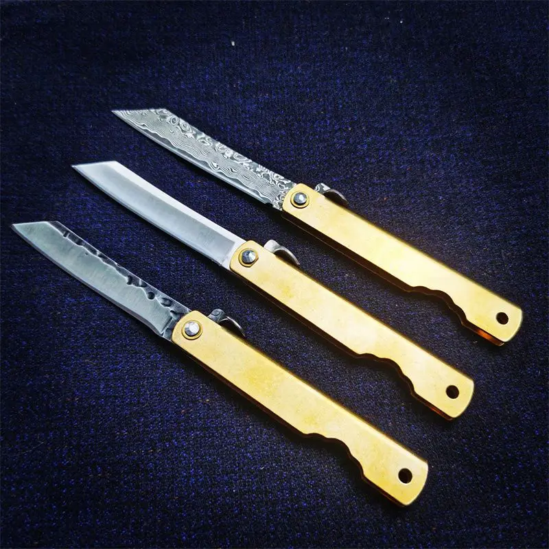 Higonokami Damascus Knife Brass Handle Utility Survival Knife Keychain Knives Camping Tool EDC Tactical Folding Pocket Knife