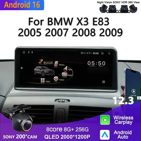 12.3 Inch Android 16 For BMW X3 E83 2004 - 2009 Car Wireless Carplay Android Auto Radio Car Dash Cam  Multimedia Player GPS DVD