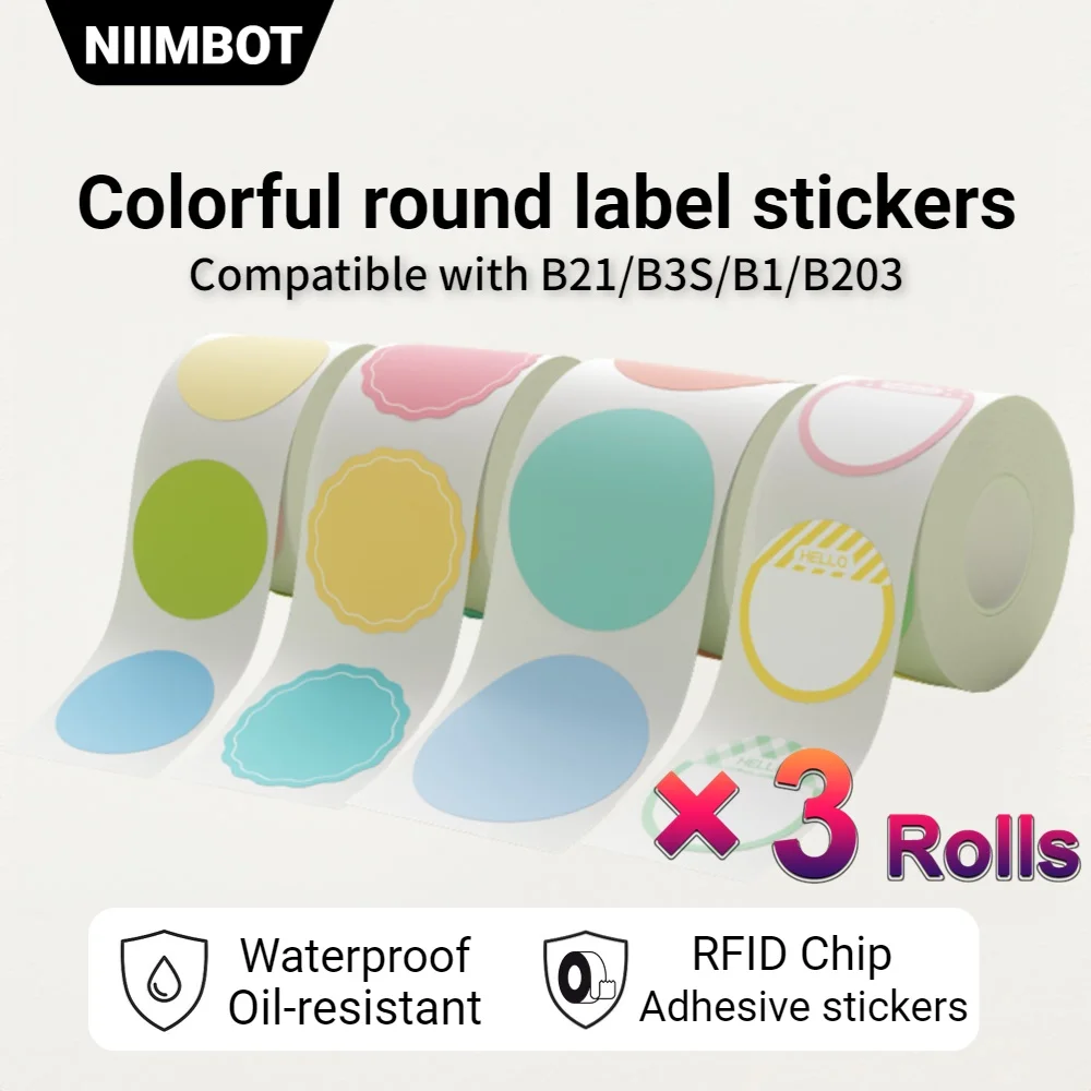 3 Rolls Of Niimbot White Synthetic Sticker Roll For Portable Label Printer B1 B21 B3S Model Round Circle Sticker Rolls To Print