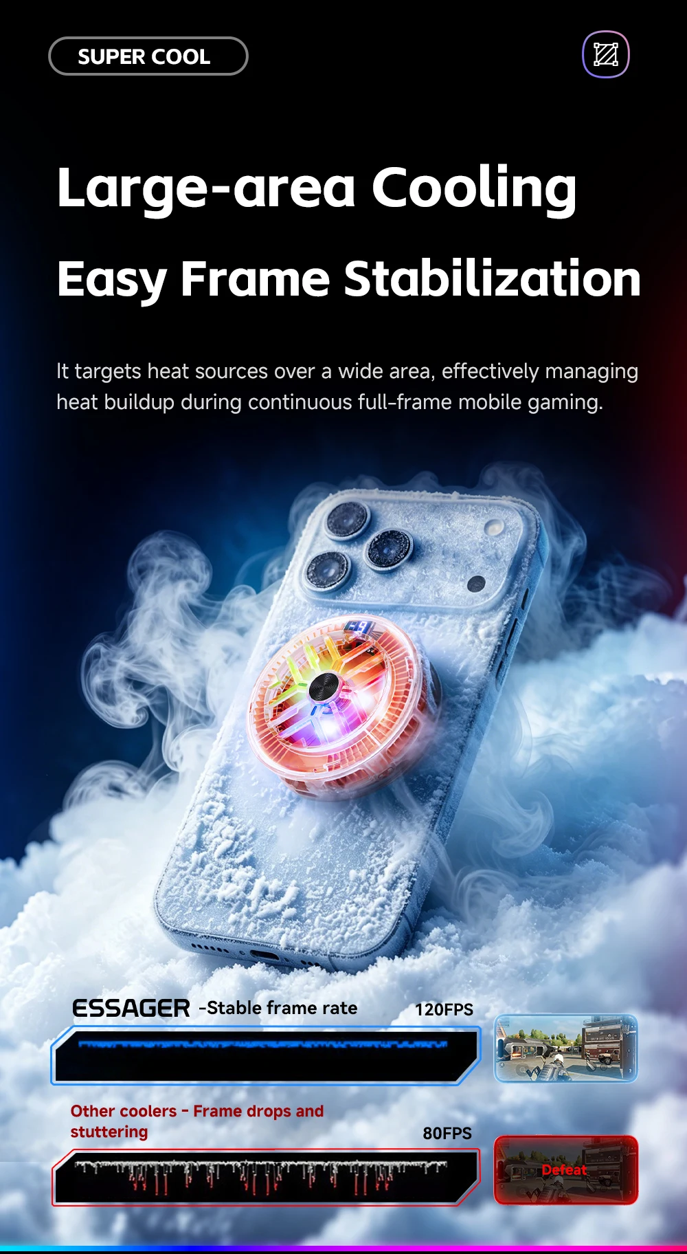 Essager Magnetischer Rückenclip 2-in-1 Telefonkühler Rückenclip Smart Digital Display RGB-Licht Geräuschloser Kühlventilator für iPhone Live – Detail 5